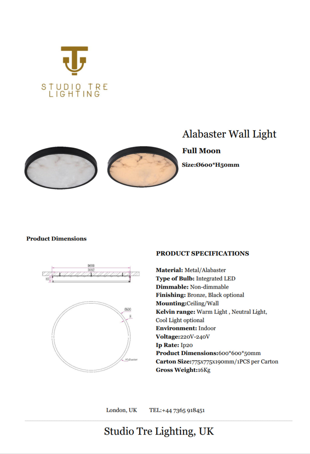 FULL MOON Alabaster Wall or Ceiling Light