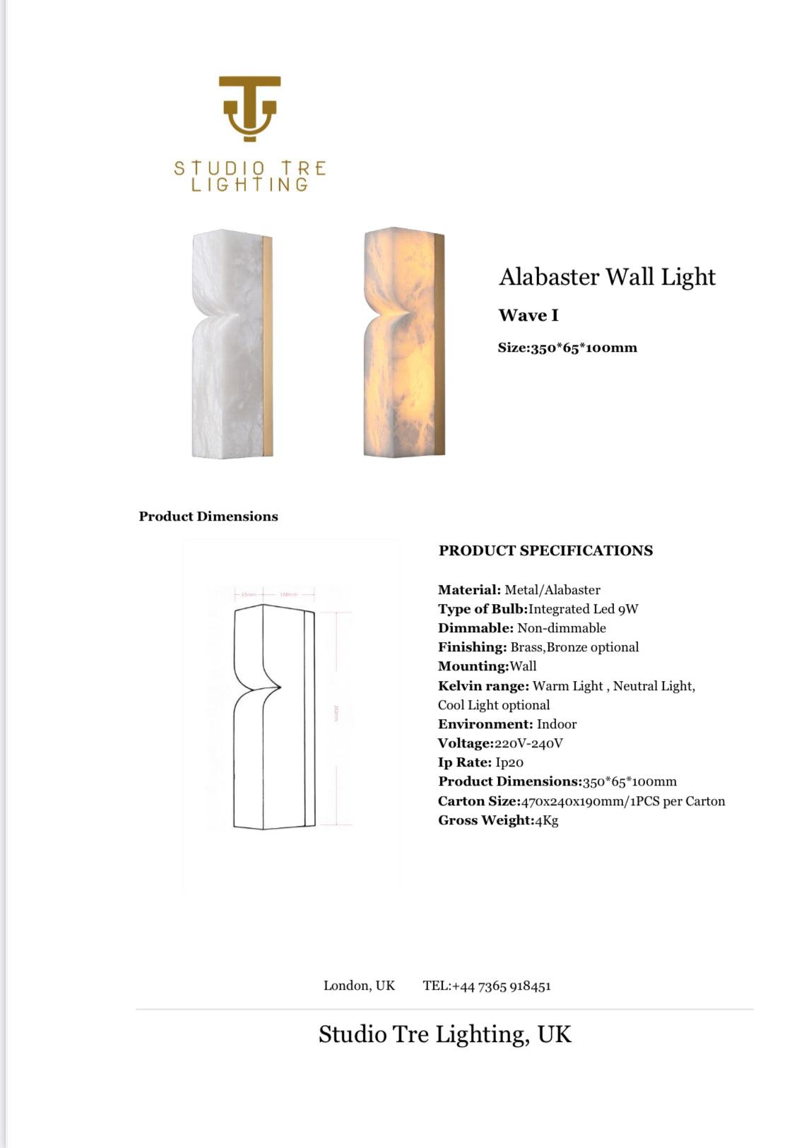 Wave I Alabaster Wall Light