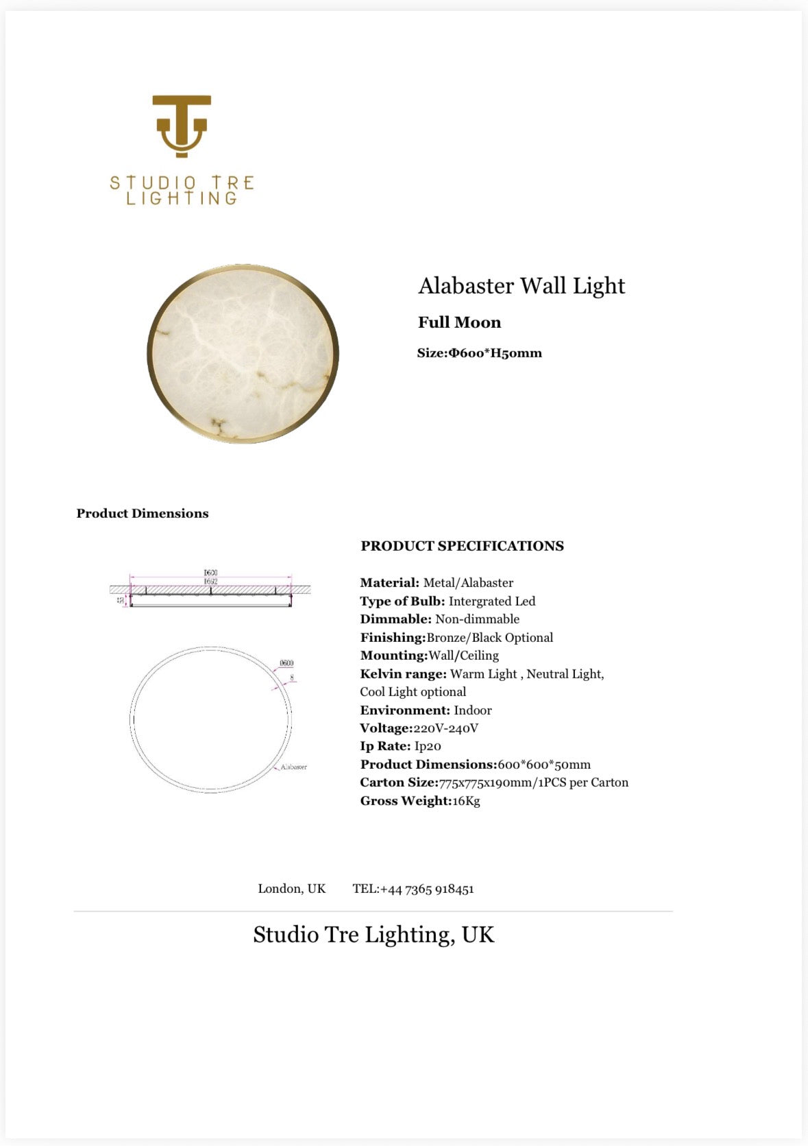 FULL MOON Alabaster Wall or Ceiling Light